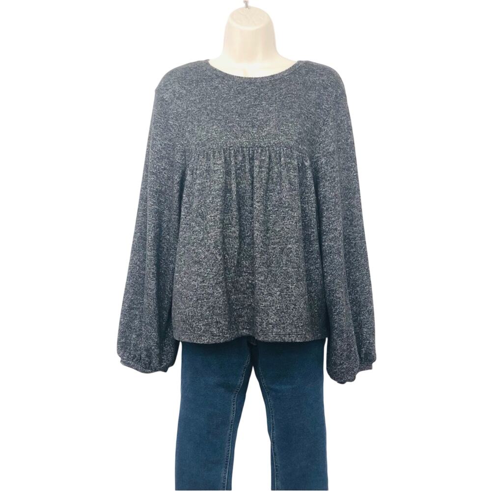 Zara Trafaluc Gray Marled Sweater Loose Fit Bishop Sleeves Rounded Neckline - Picture 12 of 16